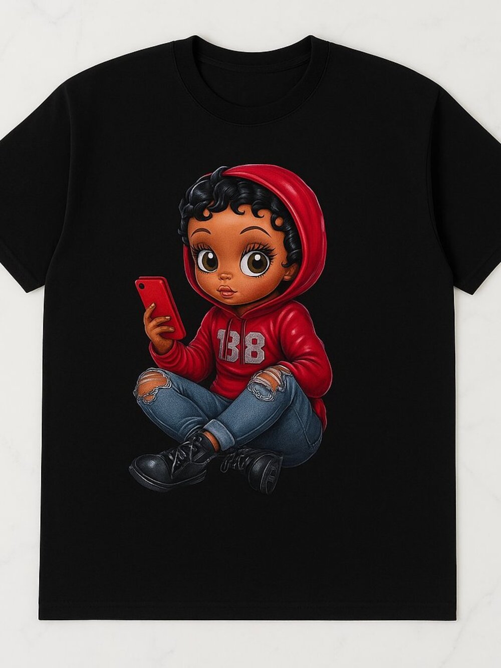 Retro Cartoon Girl Red Hoodie Graphic Tee Black Y2K Streetwear Unisex T-Shirt